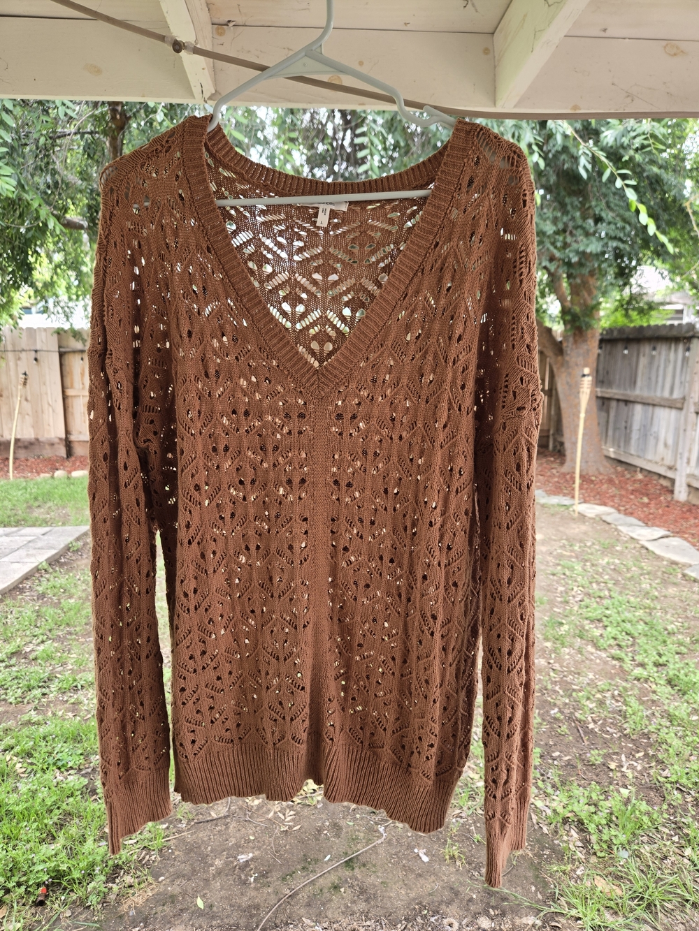 Open-Knit V-Neck Sweater in Brown-Maurices